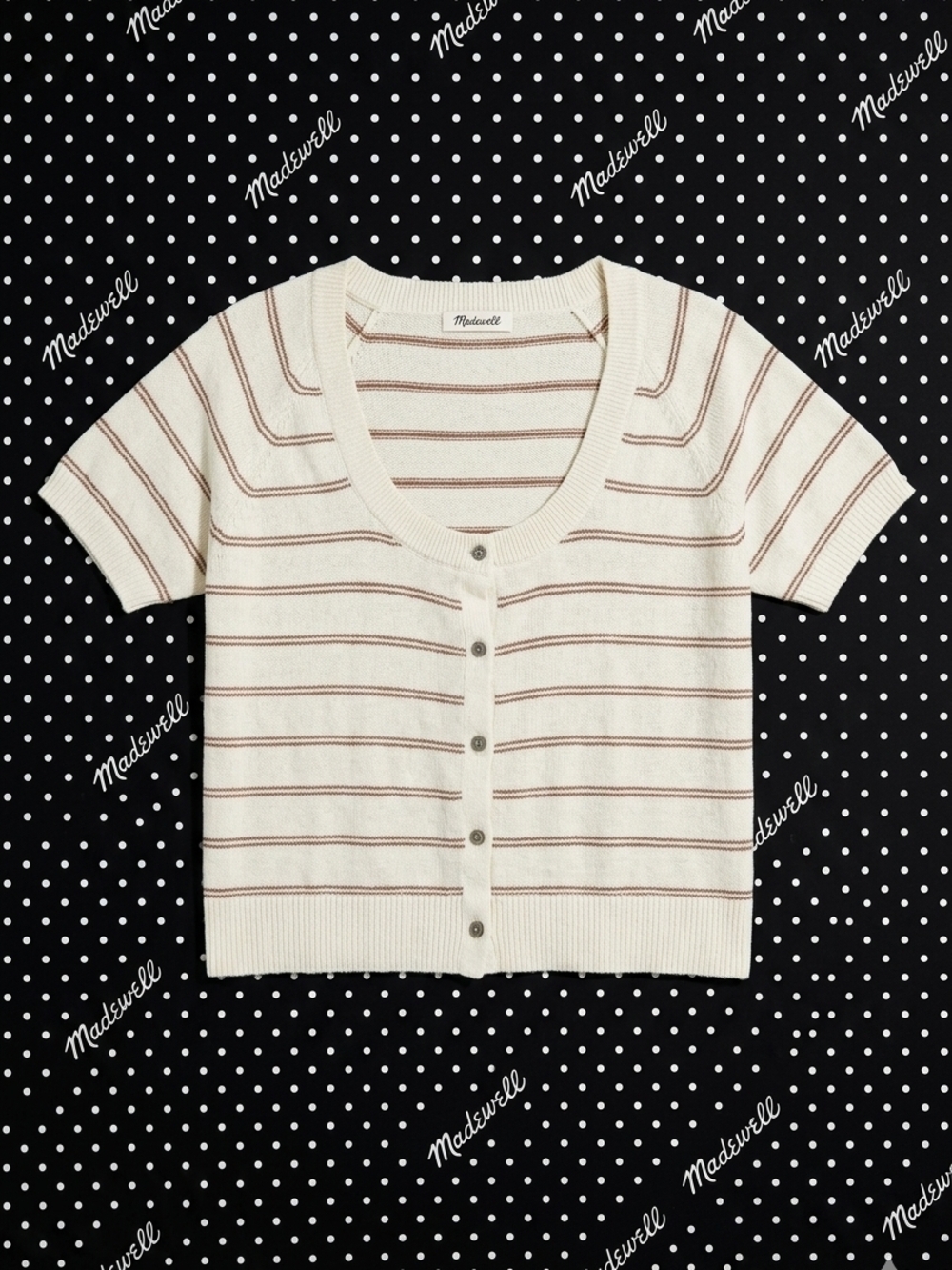 ​Madewell Striped Short Sleeve Button-Front Cardigan Sweater Cotton Cream Brown